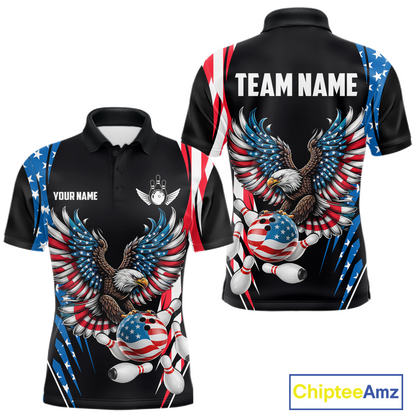 Personalized American Flag Eagle Bowling Polo & 1/4 Zip For Men, Patriotic Bowling Team Jersey TDM5822