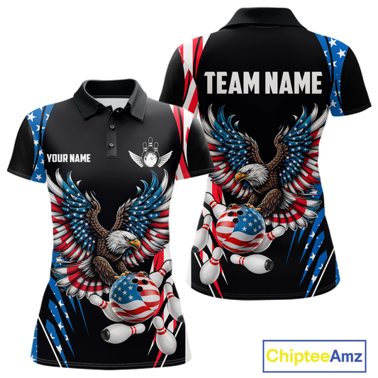 Personalized American Flag Eagle Bowling Polo & 1/4 Zip For Women, Patriotic Bowling Team Jersey TDM5822