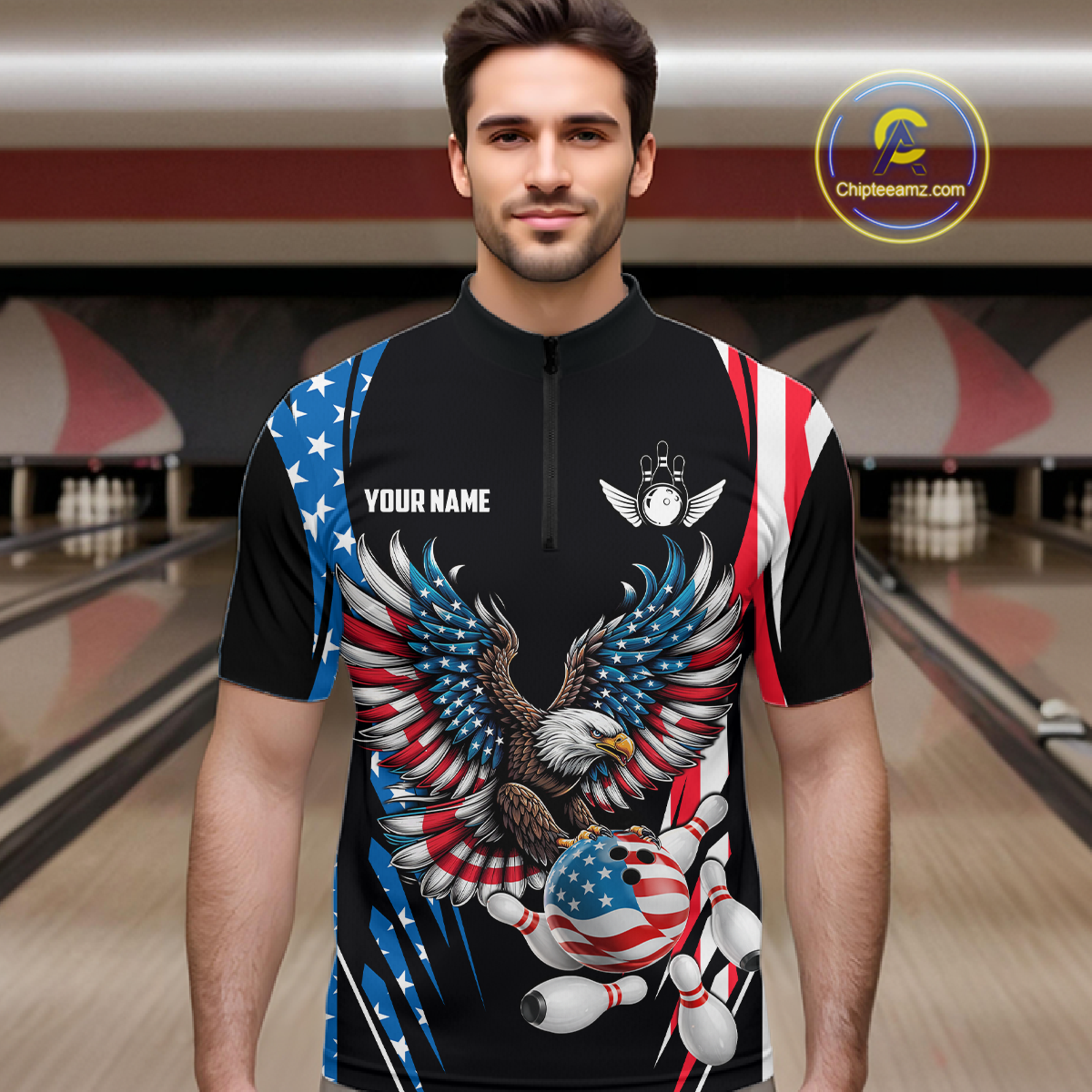 Personalized American Flag Eagle Bowling Polo & 1/4 Zip For Men, Patriotic Bowling Team Jersey TDM5822