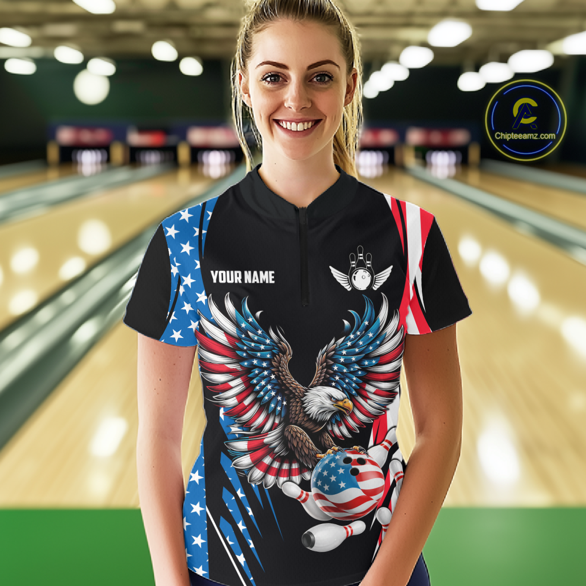 Personalized American Flag Eagle Bowling Polo & 1/4 Zip For Women, Patriotic Bowling Team Jersey TDM5822