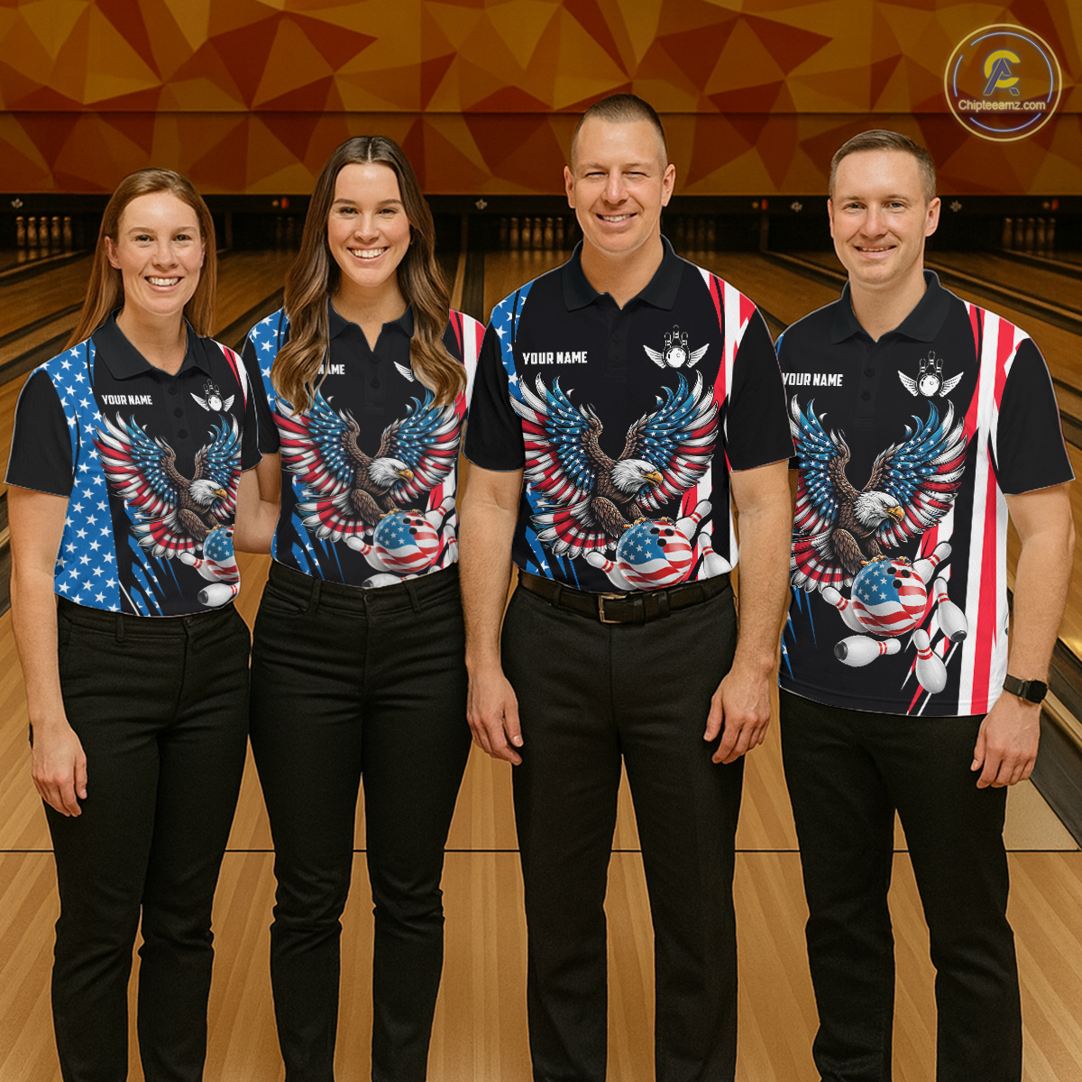 Personalized American Flag Eagle Bowling Polo & 1/4 Zip For Men, Patriotic Bowling Team Jersey TDM5822