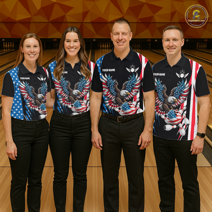 Personalized American Flag Eagle Bowling Polo & 1/4 Zip For Men, Patriotic Bowling Team Jersey TDM5822