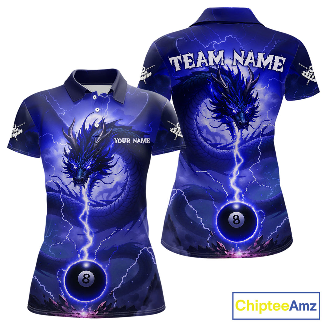Blue 8 Ball Lightning Dragon Billiard Jersey For Women Custom Pool Team Shirt Polo & 1/4 Zip TDM5115