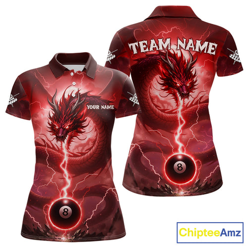 Red 8 Ball Lightning Dragon Billiard Jersey For Women Custom Pool Team Shirt Polo & 1/4 Zip TDM5116
