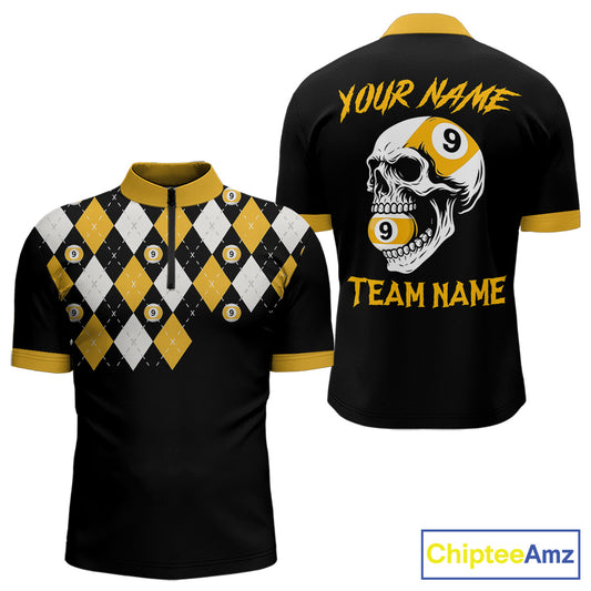 Personalized 9 Ball Skull Argyle Pattern Men's Billiard Shirts, 9 Ball Team Shirts Billiard Jersey TDM5137
