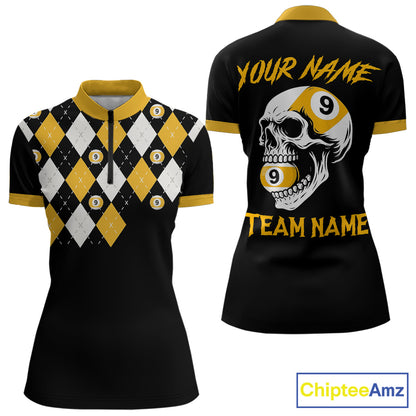 Personalized 9 Ball Skull Argyle Pattern Women's Billiard Shirts, 9 Ball Team Shirts Billiard Jersey TDM5137