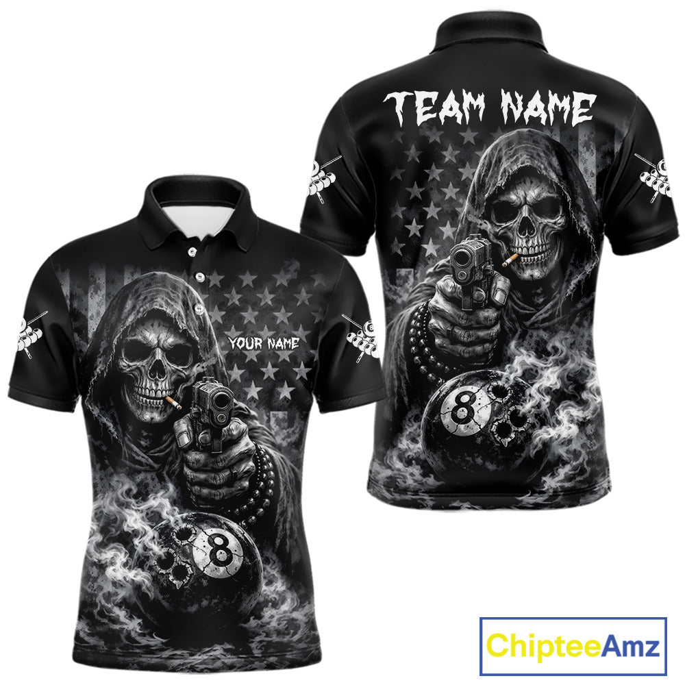 US Flag Grim Reaper 8 Ball Smoke Billiard Shirt For Men Custom Pool Jersey, Billiard Team Shirt TDM5611