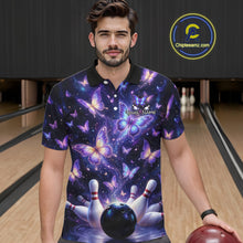 Load image into Gallery viewer, Custom Purple Butterfly Bowling Shirt For Men, Glowing Bowling Team Jersey Polo &amp; 1/4 Zip TDM6225