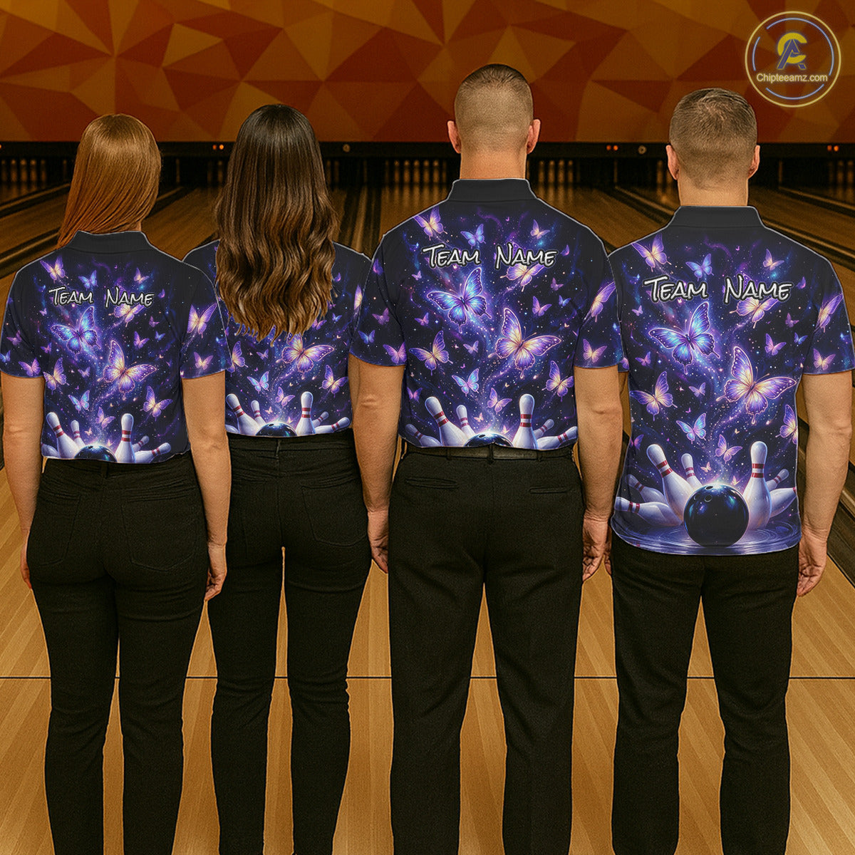 Custom Purple Butterfly Bowling Shirt For Women, Glowing Bowling Team Jersey Polo & 1/4 Zip TDM6225