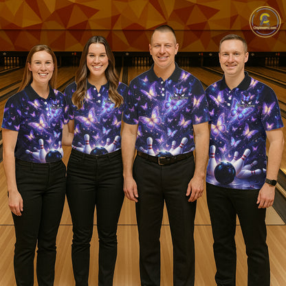 Custom Purple Butterfly Bowling Shirt For Women, Glowing Bowling Team Jersey Polo & 1/4 Zip TDM6225