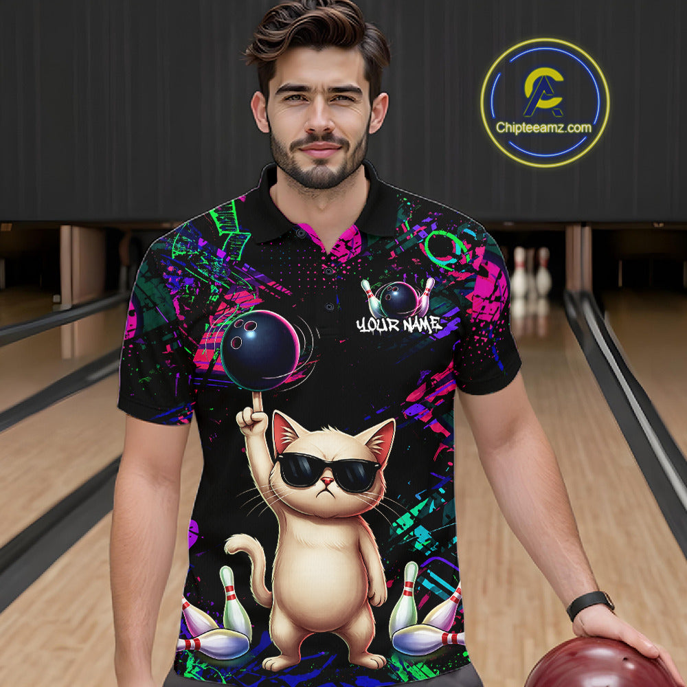 Custom Funny Cat Graffiti Bowling Shirt For Men, Personalized Bowling Team Jersey Polo & 1/4 Zip TDM6455