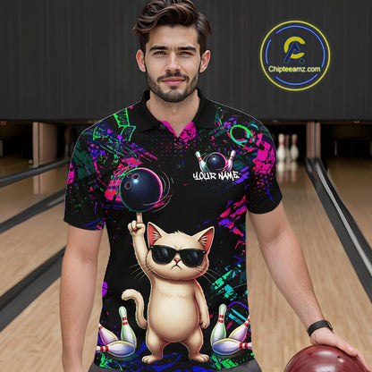 Custom Funny Cat Graffiti Bowling Shirt For Men, Personalized Bowling Team Jersey Polo & 1/4 Zip TDM6455