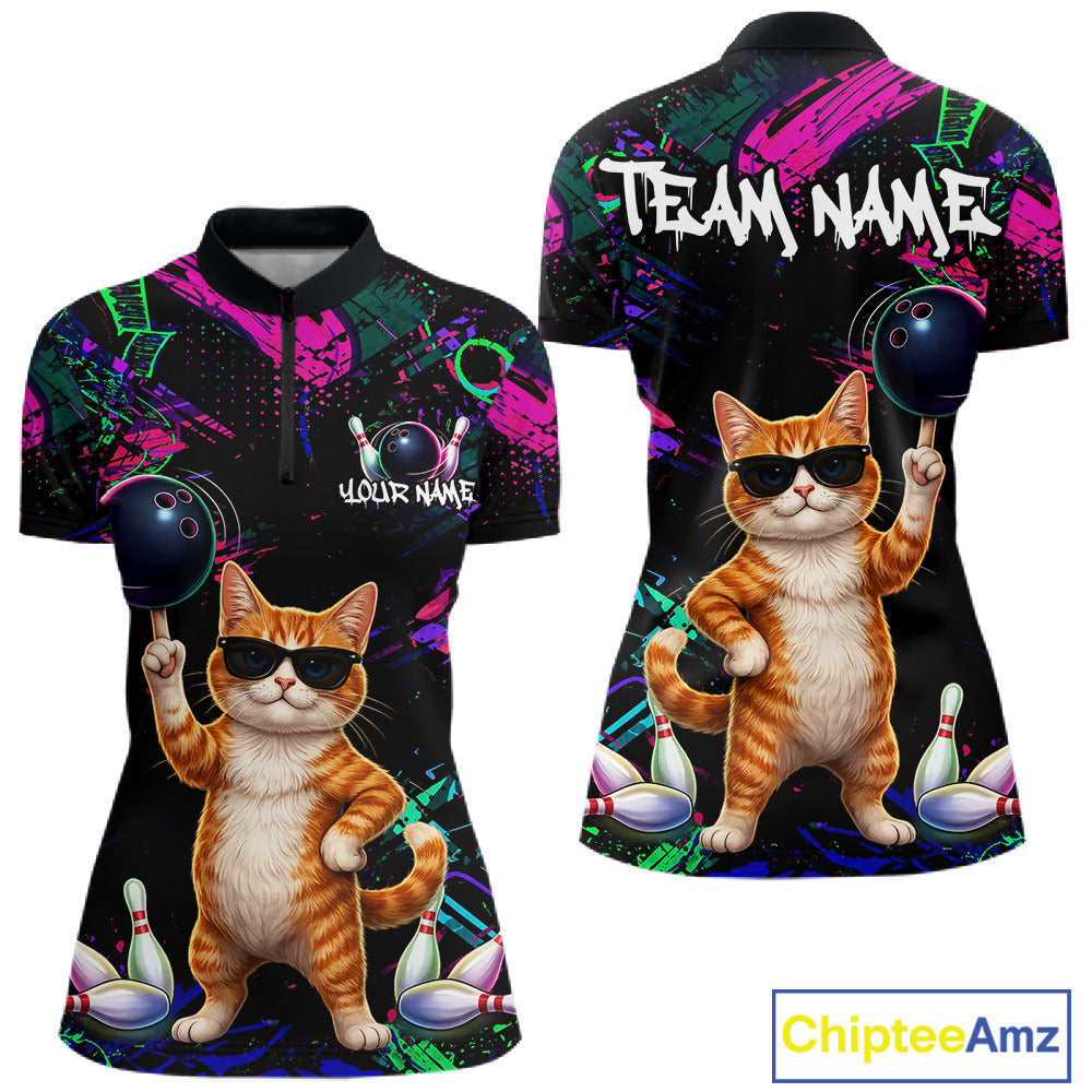 Personalized Funny Cat Graffiti Bowling Jersey For Women Custom Bowling Team Shirts Polo & 1/4 Zip TDM6457