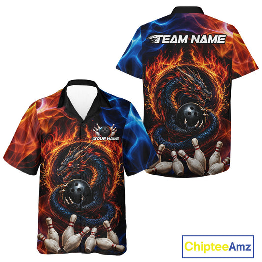 Personalized dragon fire flame bowling Hawaiian shirt for women featuring a powerful dragon with blazing fire flame artwork, premium custom bowling league team apparel.