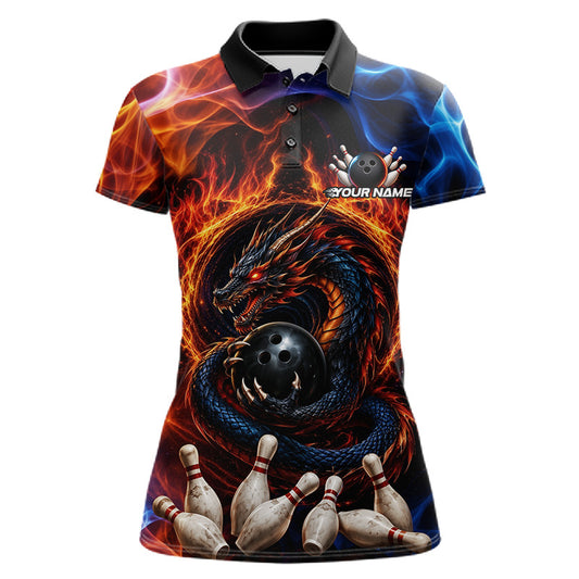 Personalized dragon fire flame bowling team jersey polo shirt for women featuring a powerful dragon with blazing fire flames, premium custom bowling league apparel.