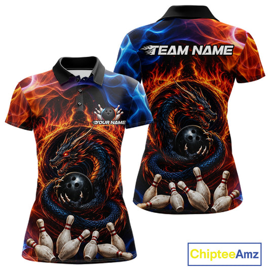 Personalized dragon fire flame bowling team jersey polo shirt for women featuring a powerful dragon with blazing fire flames, premium custom bowling league apparel.