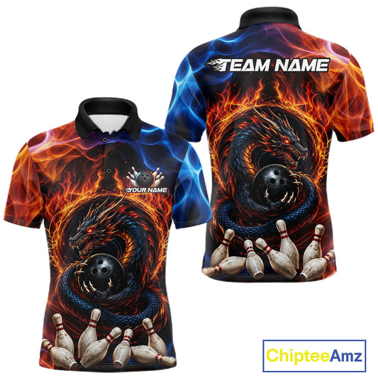 Personalized dragon fire flame bowling team jersey polo shirt for men featuring a powerful dragon with blazing fire flames, premium custom bowling league apparel.