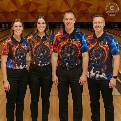 Bowling team wearing matching personalized dragon fire flame bowling team jerseys, front view.