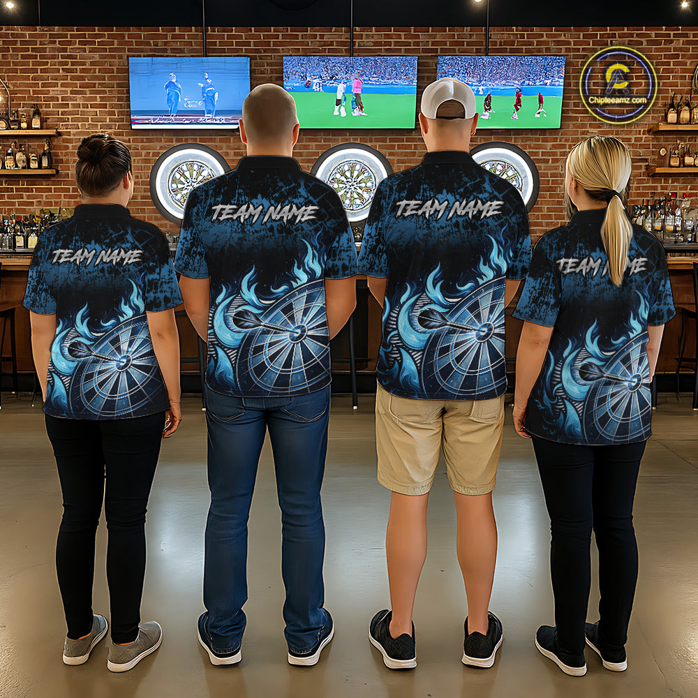 Black And Blue Dartboard Tribal Flame Darts Polo & 1/4 Zip For Women Custom Darts Team Jersey TDM6013