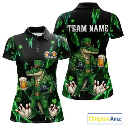 Custom Green St Patricks Alligator Bowling Shirt For Women, Lucky Bowling Team Jersey Polo & 1/4 Zip TDM6266