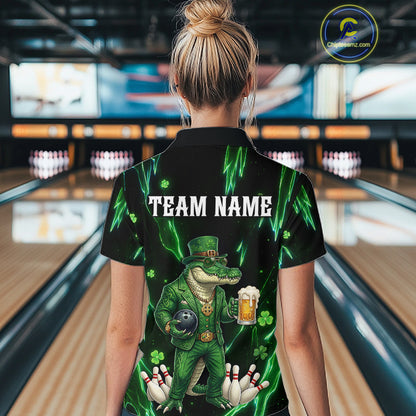 Custom Green St Patricks Alligator Bowling Shirt For Women, Lucky Bowling Team Jersey Polo & 1/4 Zip TDM6266