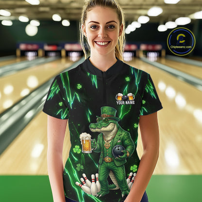 Custom Green St Patricks Alligator Bowling Shirt For Women, Lucky Bowling Team Jersey Polo & 1/4 Zip TDM6266