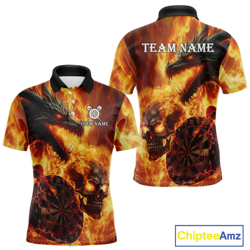 Personalized Orange Flaming Dragon And Skull Darts Shirt For Men Custom 3D Fire Darts Team Jersey TDM4958