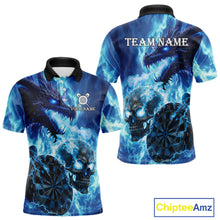 Load image into Gallery viewer, Personalized Blue Flaming Dragon And Skull Darts Shirt For Men Custom 3D Fire Darts Team Jersey TDM4960