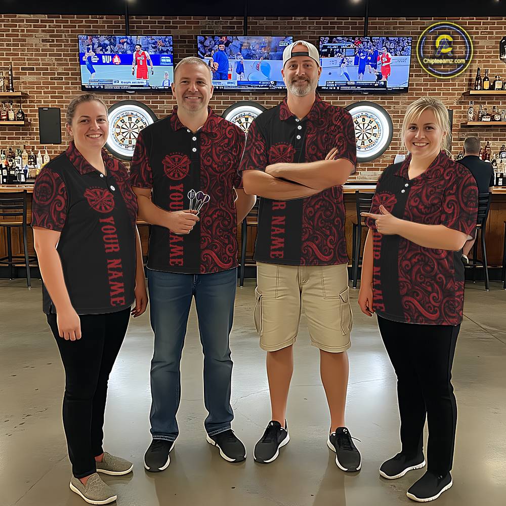 Black And Red Custom Tribal Darts Shirt For Men, Personalized Darts Jersey Team Polo & Quarter Zip TDM5391