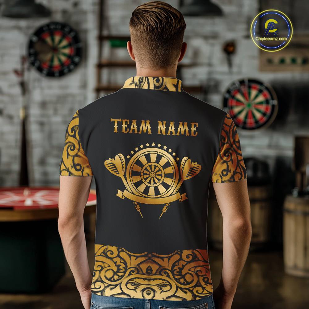 Black And Gold Custom Tribal Darts Shirt For Men, Personalized Darts Jersey Team Polo & Quarter Zip TDM5392