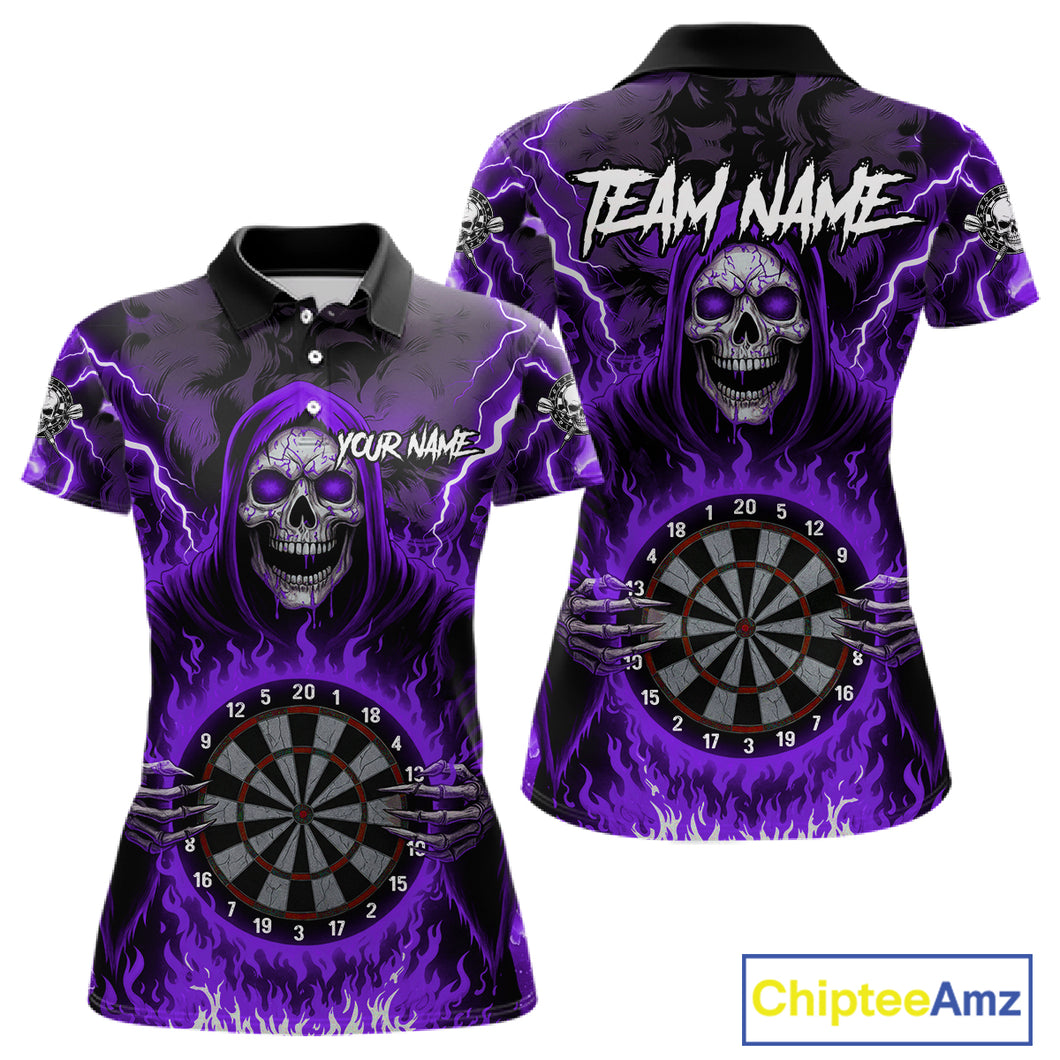 Purple Grim Reaper Thunder Lightning Women Dart Shirts Custom Flame Dart Jerseys Team Polo & 1/4 Zip TDM5176