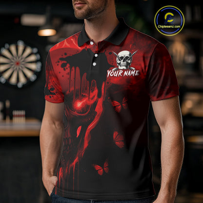 Black And Red Grunge Skull Butterflies Darts Shirt For Men Custom Darts Jersey Team Polo & 1/4 Zip TDM4992