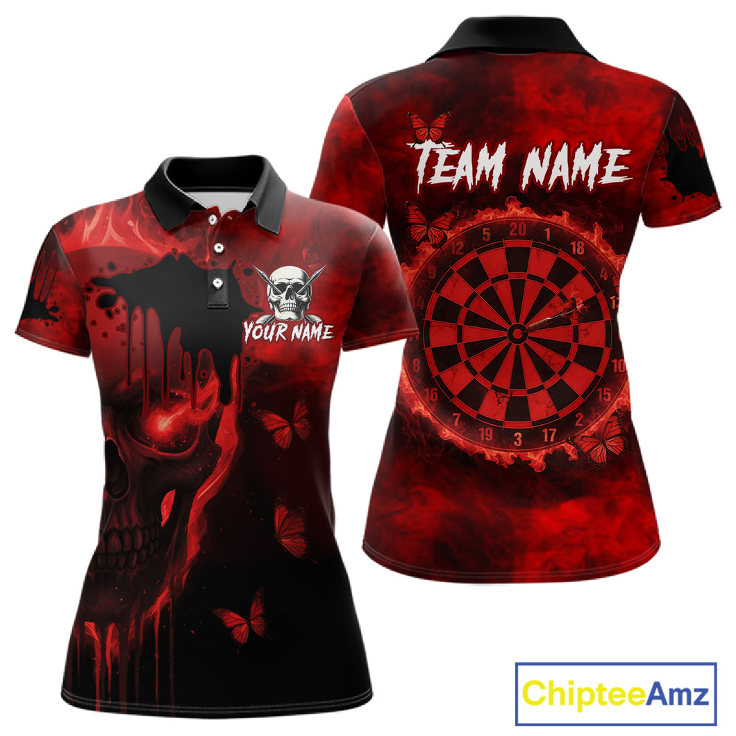Black And Red Grunge Skull Butterflies Darts Shirt For Women Custom Darts Jersey Team Polo & 1/4 Zip TDM4992