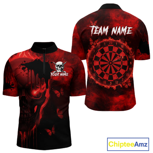 Black And Red Grunge Skull Butterflies Darts Shirt For Men Custom Darts Jersey Team Polo & 1/4 Zip TDM4992