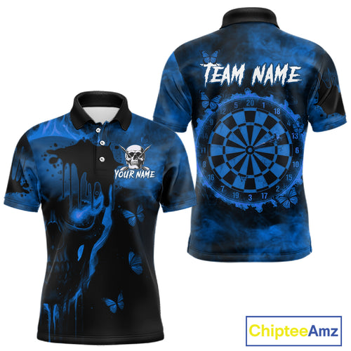 Black And Blue Grunge Skull Butterflies Darts Shirt For Men Custom Dart Jersey Team Polo & 1/4 Zip TDM4993