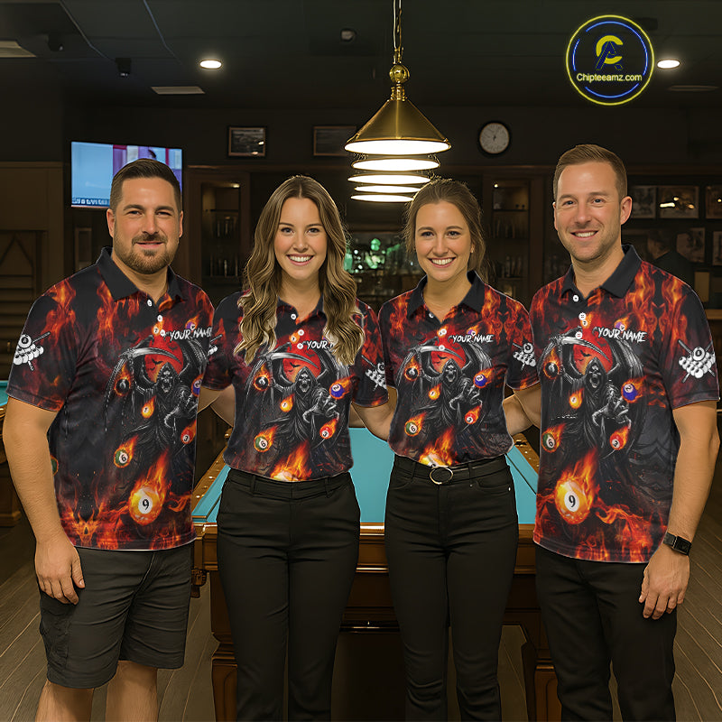Orange Flaming Grim Reaper Billiard Shirt For Women Custom Fire Pool Team Jersey Polo & Quarter Zip TDM6077