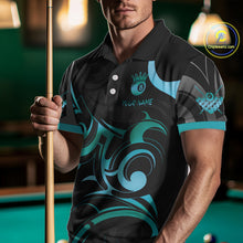 Load image into Gallery viewer, Black &amp; Turquoise 8 Ball Crown Tribal Billiard Shirt For Men Custom Pool Team Jersey Polo, 1/4 Zip TDM5734