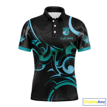 Load image into Gallery viewer, Black &amp; Turquoise 8 Ball Crown Tribal Billiard Shirt For Men Custom Pool Team Jersey Polo, 1/4 Zip TDM5734