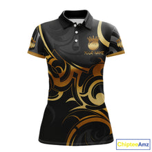 Load image into Gallery viewer, Black And Gold Custom Crown Tribal Bowling Shirt For Women, Bowling Team Jersey Polo &amp; 1/4 Zip TDM6086