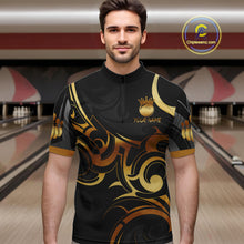 Load image into Gallery viewer, Black And Gold Custom Crown Tribal Bowling Shirt For Men, Bowling Team Jersey Polo &amp; 1/4 Zip TDM6086