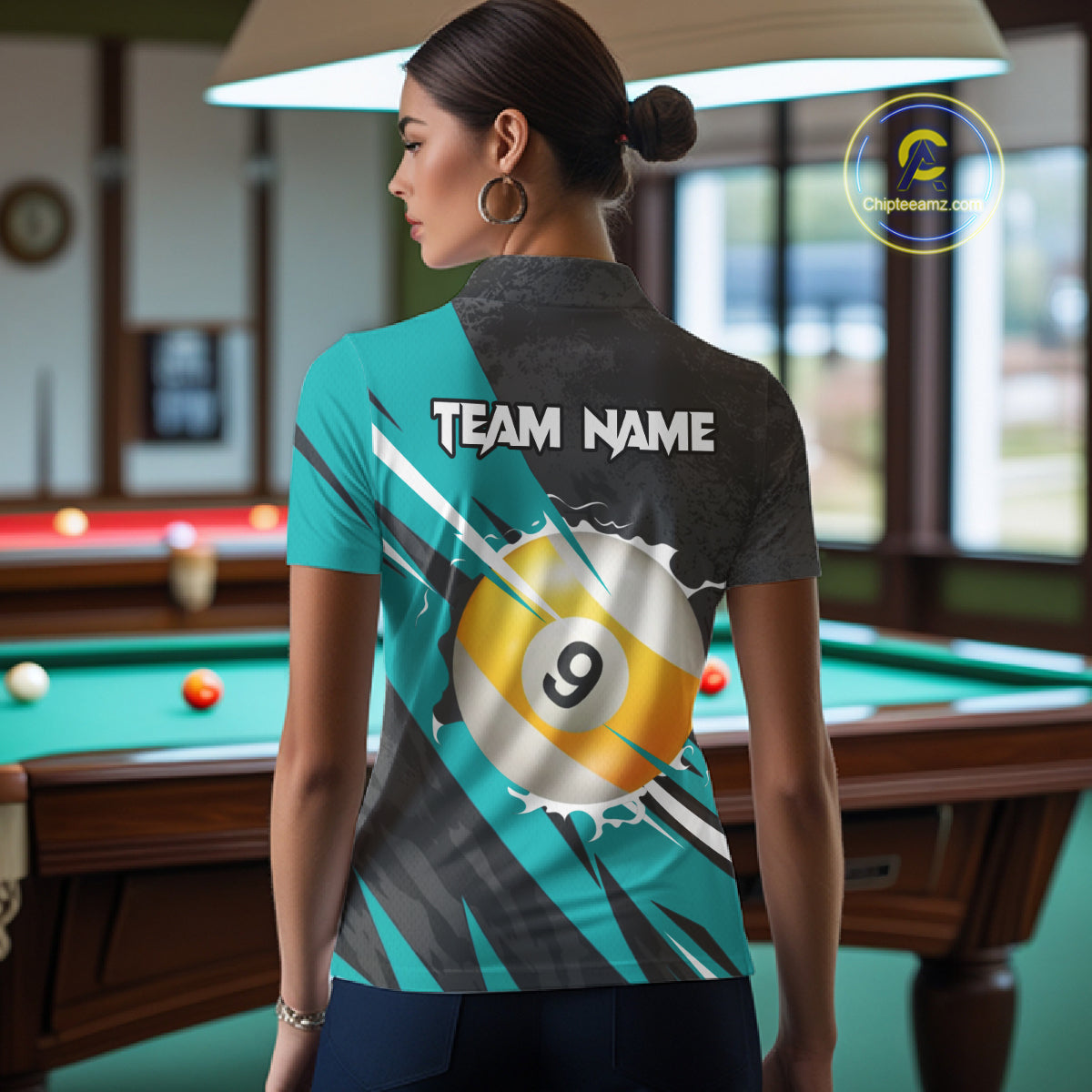 Black And Turquoise 8 Ball & 9 Ball Billiard Shirt For Women Custom Pool Jersey, Billiard Team Shirt TDM5021