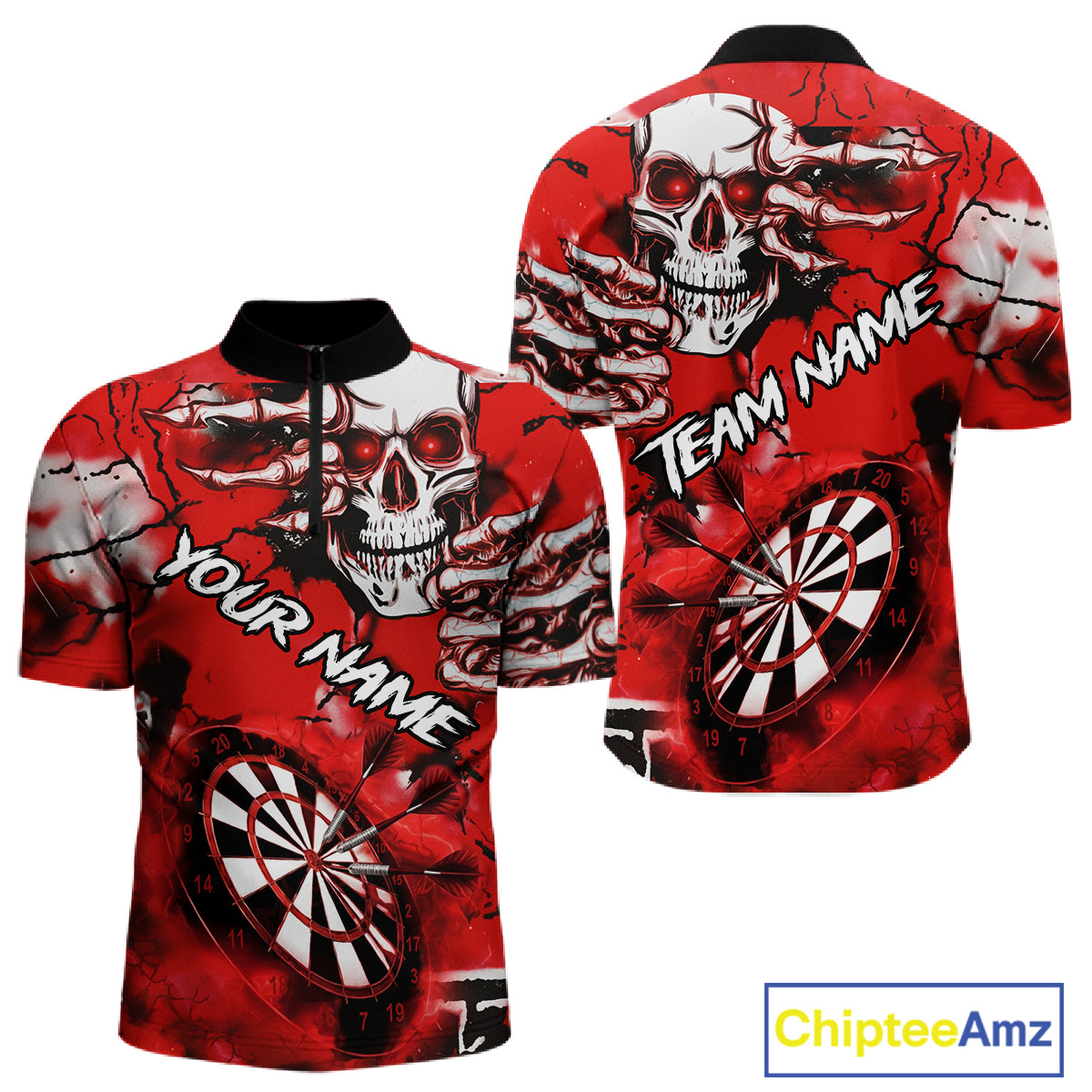 Personalized Red Grunge Skull Darts Shirt For Men Custom Darts Team Jersey Polo & Quarter Zip TDM5028