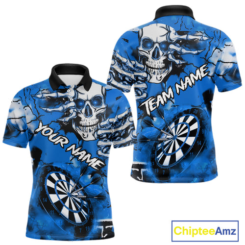 Personalized Blue Grunge Skull Darts Shirt For Men Custom Darts Team Jersey Polo & Quarter Zip TDM5029