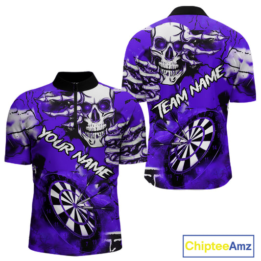 Personalized Purple Grunge Skull Darts Shirt For Men Custom Darts Team Jersey Polo & Quarter Zip TDM5030