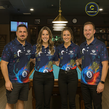 Funny Neon 8 Ball Billiard Shirt For Men Custom Navy Blue Pool Team Shirt Polo & 1/4 Zip TDM5491
