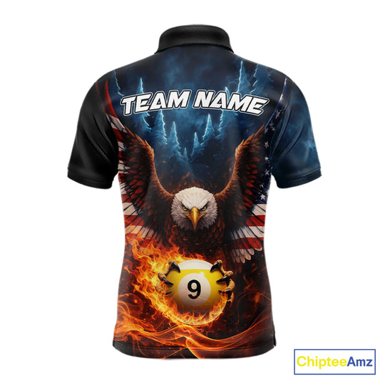 American Flag Eagle 8 Ball & 9 Ball Flame Billiard Shirt For Men Custom Patriotic Billiard Jersey TDM5755
