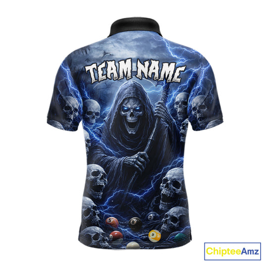 Blue Grim Reaper Lightning Billiard Shirt For Men Custom Skull Pool Team Jersey Polo & 1/4 Zip TDM5963
