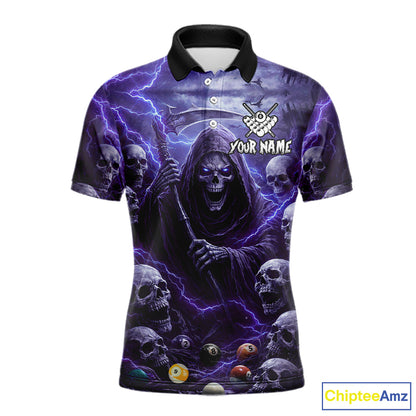 Purple Grim Reaper Lightning Billiard Shirt For Men Custom Skull Pool Team Jersey Polo & 1/4 Zip TDM5964