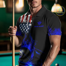 Load image into Gallery viewer, Blue Flaming American Flag 8 Ball Billiard Shirt For Men Custom Patriotic Pool Team Jersey TDM4842
