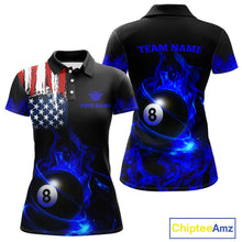 Load image into Gallery viewer, Blue Flaming American Flag 8 Ball Billiard Shirt For Women Custom Patriotic Pool Team Jersey TDM4842